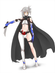 Rule 34 | 1girl, armor, asymmetrical clothes, belt, black armor, black cape, blush, bra, cape, dagger, flame print, gaia memory, gloves, hair ornament, holding, kamen rider, kamen rider eternal, kamen rider w, knife, looking at viewer, lost driver, midriff, navel, pants, personification, ponytail, print gloves, rider-tan, rider belt, shoes, short hair, silver hair, single pantsleg, smile, standing, thigh strap, underwear, weapon, white background, white bra, white footwear, white gloves, white pants, yellow eyes