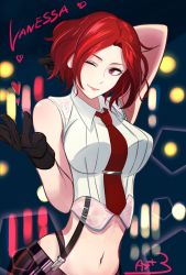 Rule 34 | 1girl, breasts, gloves, highres, large breasts, mature female, midriff, navel, one eye closed, red eyes, red hair, smile, snk, solo, suspenders, the king of fighters, vanessa (kof)