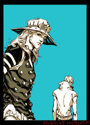 Rule 34 | 2boys, arms at sides, back, belt, black border, blue background, border, buttons, closed mouth, facial hair, goggles, goggles on head, gyro zeppeli, hand on own hip, hat, high collar, jojo no kimyou na bouken, lipstick, long hair, long sleeves, looking at viewer, makeup, male focus, monochrome, multiple boys, ringo roadagain, shade, short sleeves, shuffle (inoue), simple background, steel ball run, turtleneck