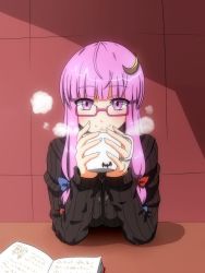 Rule 34 | 1girl, bespectacled, book, breasts, crescent, crescent hair ornament, cup, female focus, glasses, hair ornament, hair ribbon, highres, large breasts, long hair, looking at viewer, no headwear, no headwear, patchouli knowledge, pov across table, purple eyes, purple hair, ribbon, shinori, smile, solo, sweater, touhou