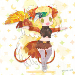 Rule 34 | 1girl, animal, bird, bird girl, bird tail, bird wings, blonde hair, feathered wings, full body, greater bird-of-paradise (kemono friends), head wings, kemono friends, kikuchi milo, long hair, looking at viewer, multicolored hair, shoes, shorts, simple background, sweater, tail, thighhighs, wings, yellow eyes