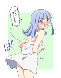 Rule 34 | 1girl, blue eyes, blue hair, blunt bangs, blush, commentary request, from behind, hatsukaze (kancolle), hime cut, kantai collection, looking at viewer, looking back, naked towel, nose blush, r-king, solo, towel, translated, white hair