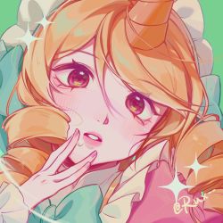 Rule 34 | 1girl, absurdres, blonde hair, blush, bow, bowtie, cafe cuties soraka, colored skin, dress, green background, green bow, green bowtie, highres, horns, league of legends, long hair, maid, maid headdress, parted lips, pink dress, pink eyes, pink skin, ruan chen yue, simple background, single horn, solo, soraka (league of legends), teeth