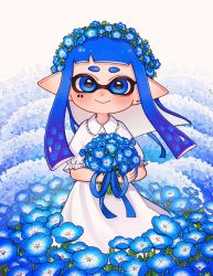 Rule 34 | 1girl, aoaza 83, blue flower, blunt bangs, blunt ends, bouquet, closed mouth, collared dress, commentary, dress, earrings, field, flower, flower field, frilled sleeves, frills, head wreath, highres, holding, holding bouquet, inkling, inkling girl, inkling player character, jewelry, long dress, long hair, looking at viewer, mask, nemophila (flower), nintendo, pointy ears, short sleeves, smile, solo, standing, stud earrings, tentacle hair, white dress