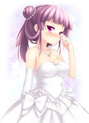 Rule 34 | 1girl, alternate hairstyle, bare shoulders, blush, breasts, bride, cleavage, double bun, dress, elbow gloves, covered erect nipples, female focus, gloves, hair bun, happy tears, jewelry, large breasts, necklace, nullken, patchouli knowledge, pendant, purple eyes, purple hair, ribbon, short hair, single glove, solo, tears, touhou, wedding dress, wiping tears