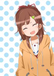 Rule 34 | 10s, 1girl, :d, blush, brown hair, closed eyes, collarbone, commentary request, facing viewer, hair ornament, hair ribbon, hairclip, hands in pockets, high ponytail, high school fleet, highres, hood, hood down, hoodie, irizaki mei, long hair, neckerchief, open mouth, polka dot, polka dot background, red neckerchief, red ribbon, ribbon, rioyk711, school uniform, serafuku, short eyebrows, simple background, smile, solo, upper body, zipper pull tab