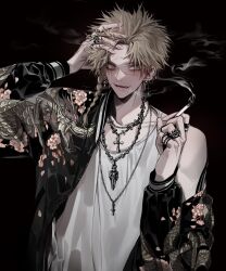 Rule 34 | 1boy, aza choubei, black background, blonde hair, braid, cigarette, cross, cross necklace, cross scar, dark background, dragon, earrings, eastern dragon, hand in own hair, highres, holding, holding cigarette, jacket, jewelry, jigokuraku, looking at viewer, mono1010101, multiple earrings, multiple necklaces, multiple rings, necklace, off shoulder, open mouth, ring, scar, scar across eye, short hair, side braid, simple background, smile, smoke, smoking, solo, spiked hair, sukajan, tank top, white tank top