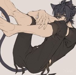 Rule 34 | 1boy, animal ears, ass, barefoot, black pants, black shirt, blue eyes, blue hair, cat boy, cat ears, cat tail, final fantasy, final fantasy xv, grey background, hair between eyes, highres, inuue15, muscular, muscular male, noctis lucis caelum, pants, shirt, solo, spiked hair, tail