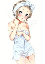 Rule 34 | 1girl, :o, absurdres, alternate hairstyle, blue eyes, blue towel, blush, breasts, brown hair, cleavage, cowboy shot, forehead, highres, looking at viewer, love live!, love live! sunshine!!, medium breasts, naked towel, open mouth, sankuro (agoitei), scan, short hair, simple background, solo, standing, steam, teeth, towel, towel on head, watanabe you, water drop, wet, white background