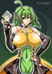 Rule 34 | 1girl, ahoge, bare shoulders, breasts, covered erect nipples, elbow gloves, female focus, fingerless gloves, fl-chan, fl studio, gloves, gradient background, green hair, hand on own hip, headphones, headset, hip focus, instrument, large breasts, microphone, music, piano, piano print, shisoworld, short hair, smile, solo, yellow eyes