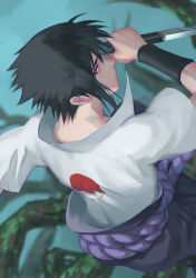 Rule 34 | 1boy, black hair, blurry, branch, commentary request, depth of field, eilinna, from above, from behind, knife, male focus, naruto (series), naruto shippuuden, profile, red eyes, reverse grip, rope belt, solo, uchiha sasuke, upper body