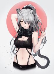 Rule 34 | 1girl, absurdres, adore (adoredesu), animal ear fluff, animal ears, arknights, arm behind head, arm up, bare arms, bare shoulders, black scarf, breasts, brown eyes, cat ears, cat tail, circle, cleavage, commentary, crop top, grey background, groin, hair over one eye, hand up, highres, long hair, looking at viewer, medium breasts, midriff, navel, parted lips, scarf, schwarz (arknights), silver hair, simple background, sleeveless, solo, stomach, tail, upper body