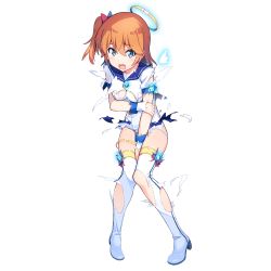 Rule 34 | 1girl, arm grab, between legs, blue eyes, boots, dennou tenshi djibril, full body, halo, hand between legs, knees together feet apart, kuuchuu yousai, medium hair, official art, one-piece swimsuit, open mouth, orange hair, short sleeves, solo, swimsuit, thigh boots, thigh strap, thighhighs, torn clothes, transparent background, white one-piece swimsuit
