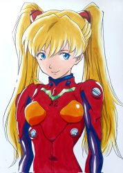 Rule 34 | 1girl, alternate hairstyle, artist request, blonde hair, blue eyes, bodysuit, breasts, highres, long hair, looking at viewer, neon genesis evangelion, shiny clothes, simple background, smile, solo, souryuu asuka langley, traditional media, twintails, very long hair, wide hips