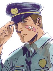 1boy bandaid bandaid_on_face blood blood_from_mouth blue_necktie blue_shirt borderline7839 brown_eyes brown_hair collared_shirt family_guy hat hello_kitty hello_kitty_(character) highres joe_swanson male_focus necktie nosebleed police police_badge police_hat sanrio shirt short_hair simple_background solo white_background