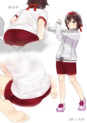 Rule 34 | 10s, 1girl, ama mitsuki, artist name, ass, barefoot, blush, bra, brown eyes, brown hair, dated, feet, from behind, gym shirt, gym shorts, gym uniform, hair ribbon, hayasui (kancolle), jacket, kantai collection, kibasen, multiple views, no socks, pantylines, red ribbon, red shorts, ribbon, shirt, shoes, short hair, shorts, signature, simple background, sitting, sneakers, soles, stretching, striped clothes, striped jacket, toes, track jacket, underwear, wariza, white background