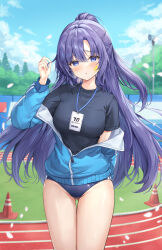 Rule 34 | 1girl, black shirt, blue archive, blue eyes, blue jacket, blue sky, breasts, buruma, cloud, day, gemini (feng), gym shirt, highres, jacket, lanyard, long hair, looking at viewer, medium breasts, official alternate costume, outdoors, purple hair, shirt, sky, solo, standing, star sticker, sticker on face, thighs, track jacket, yuuka (blue archive), yuuka (track) (blue archive)