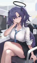 Rule 34 | 1girl, absurdres, blue archive, blue eyes, blue necktie, breasts, button gap, crossed legs, cubicle, elbow rest, ema (kuguiema), halo, highres, lanyard, large breasts, long hair, looking at viewer, monitor, necktie, office, purple hair, shirt, sitting, solo, thighs, two side up, very long hair, white shirt, yuuka (blue archive)