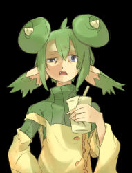 Rule 34 | 1girl, ahoge, annoyed, bags under eyes, black background, blue eyes, double bun, green hair, highres, horns, lidelle (puyopuyo), miyako (naotsugu), naotsugu, open mouth, out of character, pointy ears, puyopuyo, puyopuyo fever, short hair, solo