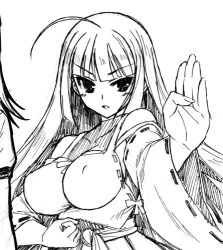 Rule 34 | 1girl, ahoge, bare shoulders, breasts, clenched hand, detached sleeves, female focus, fighting stance, graphite (medium), greyscale, halterneck, japanese clothes, large breasts, long hair, lowres, m.u.g.e.n, miko, monochrome, nontraditional miko, original, sendai hakurei no miko, solo, touhou, traditional media, umyonge (lkakeu), wide sleeves