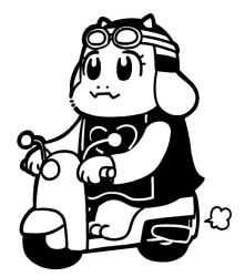 Rule 34 | 1girl, puff of air, animal ears, bkub, commentary request, dress, driving, furry, furry female, goat ears, goat girl, goggles, goggles on headwear, greyscale, helmet, monochrome, monster girl, motor vehicle, motorcycle, motorcycle helmet, simple background, solo, tabard, toriel, undertale, white background