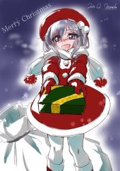 Rule 34 | 2016, :d, blue eyes, blush, box, burn scar, christmas, dated, dorei to no seikatsu ~teaching feeling~, gift, gift box, grey hair, hat, highres, incoming gift, long hair, looking at viewer, merry christmas, mittens, nose blush, open mouth, pantyhose, pom pom (clothes), red mittens, sack, scar, scarf, smile, snowflakes, solo, sylvie (dorei to no seikatsu), tom-brown, white pantyhose, white scarf