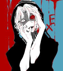 Rule 34 | 1boy, awara kayu, black nails, blood, blue background, colored sclera, commentary request, crazy, hand in mouth, hand on own head, heterochromia, hood, hood up, looking at viewer, male focus, nail polish, open mouth, red background, red sclera, robe, short hair, solo, spoilers, striped, takizawa seidou, tokyo ghoul, tokyo ghoul:re, upper body, white hair