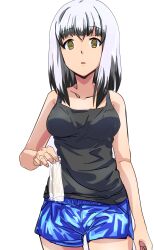 1girl absurdres black_hair black_shirt blue_shorts blunt_bangs breasts brown_eyes collarbone colored_tips commentary_request cowboy_shot grey_hair highres holding looking_at_viewer mashitono_desu medium_breasts medium_hair multicolored_hair parted_lips satsuki_yomi shirt short_shorts shorts simple_background solo standing tank_top toji_no_miko white_background