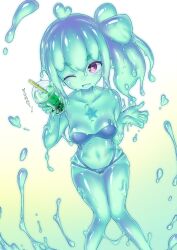 Rule 34 | 1girl, bikini, breasts, bubble tea, colored skin, curss, drink, green hair, green skin, highres, monster girl, one eye closed, side ponytail, slime girl, small breasts, smile, solo, starfish, swimsuit, see-through body