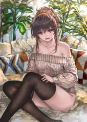 Rule 34 | 1girl, bare shoulders, black thighhighs, brown hair, collarbone, commentary, highres, looking at viewer, off-shoulder sweater, off shoulder, open mouth, original, plant, ran&#039;ou (tamago no kimi), red eyes, sitting, solo, sweater, thighhighs