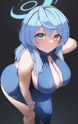 Rule 34 | 1girl, absurdres, ako (blue archive), ako (dress) (blue archive), ass, bent over, bexercube, black background, blue archive, blue dress, blue eyes, blue hair, blue halo, blush, bracelet, breasts, butt crack, cleavage, closed mouth, dress, gradient background, halo, highres, jewelry, large breasts, looking at viewer, medium hair, official alternate costume, sleeveless, sleeveless dress, solo, standing, thighs