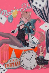 Rule 34 | 1girl, ace (playing card), ace of hearts, ace of spades, analog clock, animal ears, arm support, balloon, birdcage, black capelet, blonde hair, blunt bangs, blush, bow, bowtie, breasts, cage, capelet, card, cat ears, cat tail, cleavage cutout, clock, closed mouth, clothing cutout, dress, english text, facial mark, feet out of frame, four of clubs, frilled dress, frills, genshin impact, gloves, hand up, hat, heart, highres, holding, holding balloon, juliet sleeves, legs up, long hair, long sleeves, low ponytail, lynette (genshin impact), nine of spades, omochichi96, pantyhose, parted bangs, playing card, puffy sleeves, purple eyes, rabbit, short dress, shrug (clothing), sign, sitting, small breasts, solo, spade (shape), star (symbol), tail, top hat, very long hair