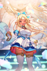 Rule 34 | 1girl, ;d, blonde hair, blue ribbon, breasts, commentary request, dark-skinned female, dark skin, detached sleeves, display, dress, elf, feet out of frame, garter straps, gloves, hair ribbon, highres, hololive, large breasts, long hair, long sleeves, microphone, one eye closed, open mouth, pointy ears, ponytail, red eyes, ribbon, sakumichi, shiranui flare, shiranui flare (1st costume), smile, solo, standing, sweat, thighhighs, virtual youtuber, white dress, white gloves, white thighhighs