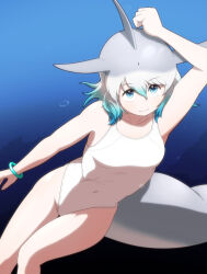 Rule 34 | 1girl, alternate costume, bare legs, bare shoulders, blowhole, blue eyes, blue hair, bracelet, cetacean tail, common bottlenose dolphin (kemono friends), dolphin girl, dorsal fin, fins, fish tail, grey hair, hair between eyes, highres, jewelry, kemono friends, looking at viewer, multicolored hair, one-piece swimsuit, rest in muni, sidelocks, sleeveless, solo, swimsuit, tail, underwater, white hair, white one-piece swimsuit