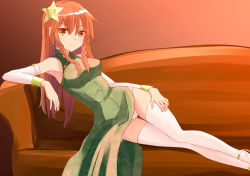 Rule 34 | 1girl, alternate costume, braid, breasts, china dress, chinese clothes, couch, detached sleeves, dress, gradient background, hair ornament, hasu (lausdys), highres, hong meiling, long hair, long sleeves, looking at viewer, lying, md5 mismatch, no headwear, on side, orange hair, panties, pantyshot, parted lips, red eyes, red hair, solo, star (symbol), thighhighs, touhou, turtleneck, twin braids, underwear, white panties, white thighhighs