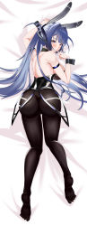Rule 34 | 1girl, absurdres, animal ears, ass, azur lane, bare shoulders, black leotard, black pantyhose, breasts, dakimakura (medium), detached collar, fake animal ears, finger to mouth, full body, heart, heart-shaped pupils, highres, large breasts, leotard, long hair, looking at viewer, lying, nail polish, naisewow, new jersey (azur lane), new jersey (exhilarating steps!) (azur lane), official alternate costume, on stomach, pantyhose, playboy bunny, purple eyes, purple hair, rabbit ears, solo, strapless, strapless leotard, symbol-shaped pupils, thighs, very long hair, wrist cuffs