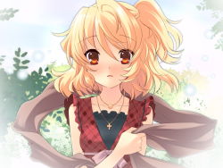 Rule 34 | 1girl, blonde hair, blush, casual, female focus, flyable heart, highres, ito noizi, jewelry, nature, necklace, open mouth, orange eyes, outdoors, scarf, short hair, sky, solo, sumeragi amane (flyable heart)