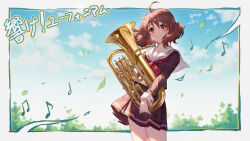 Rule 34 | 1girl, ahoge, blue sky, border, brown eyes, brown hair, brown shirt, brown sleeves, closed mouth, cloud, cowboy shot, day, euphonium, grey border, hibike! euphonium, highres, holding, holding instrument, instrument, kitauji high school uniform, long sleeves, looking at viewer, musical note, neckerchief, oumae kumiko, outdoors, outside border, panpanmeiyou hp, pleated skirt, red neckerchief, sailor collar, school uniform, serafuku, shirt, short hair, skirt, sky, smile, solo, standing, translation request, tree, white sailor collar, wind