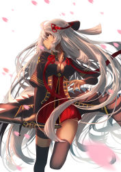 Rule 34 | 1girl, absurdres, arm guards, black bow, black coat, black thighhighs, blurry, blurry foreground, bow, breasts, cleavage, cleavage cutout, clothing cutout, coat, commentary request, covered erect nipples, dark-skinned female, dark skin, depth of field, dress, fate/grand order, fate (series), hair bow, hair ornament, hand up, highres, holding, holding sword, holding weapon, koha-ace, large breasts, long hair, okita souji (fate), okita souji alter (fate), open clothes, open coat, parted lips, profile, re:rin, red dress, short sleeves, silver hair, solo, sword, tassel, thighhighs, very long hair, weapon, white background