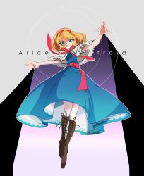 Rule 34 | 1girl, \m/, alice margatroid, asamiya (twins14 zx), blonde hair, blue dress, blue eyes, boots, brown footwear, capelet, character name, circle, dress, expressionless, frilled ribbon, frills, full body, grey background, hairband, hand gesture, hand up, knee boots, looking at viewer, looking down, ribbon, short hair, skinny, solo, touhou
