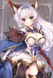 Rule 34 | 10s, 1girl, animal ears, armor, armored dress, blush, border, braid, breasts, cape, cat ears, cleavage, copyright name, cowboy shot, dress, erune, gloves, granblue fantasy, hair intakes, hair tubes, hairband, heles, holding, holding weapon, long hair, looking at viewer, mitha, octagram, short dress, shoulder pads, single braid, solo, star (symbol), thigh gap, thighhighs, very long hair, weapon, white dress, white hair, yellow eyes