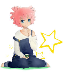Rule 34 | 10s, 1girl, blue eyes, collarbone, food, ice cream, looking at viewer, off shoulder, overalls, pink hair, short hair, simple background, sitting, solo, spoon, star (symbol), star driver, strap slip, toes, wariza, white background, you mizuno