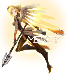 Rule 34 | 1girl, armor, black footwear, black gloves, blonde hair, blue eyes, bodysuit, boots, breasts, brown pantyhose, character name, eyeliner, faulds, finger on trigger, from side, full body, gloves, glowing, glowing wings, greaves, gun, halo, handgun, headgear, high heel boots, high heels, high ponytail, highres, holding, holding gun, holding staff, holding weapon, knee boots, knee pads, leg up, loincloth, long sleeves, looking at viewer, makeup, mechanical halo, mechanical wings, medium breasts, mercy (overwatch), natsuhara, overwatch, overwatch 1, pantyhose, parted lips, pelvic curtain, ponytail, print pantyhose, solo, spread wings, staff, swiss flag, teeth, weapon, wing print, wings, yellow wings