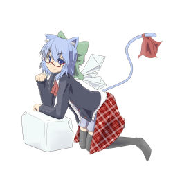 Rule 34 | 1girl, absurdres, animal ears, bespectacled, blue eyes, blue hair, bow, cat ears, cat tail, cirno, fang, fang out, glasses, hair bow, highres, matching hair/eyes, nogisaka kushio, skirt, smile, solo, tail, thighhighs, touhou, vector trace