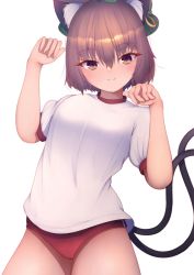 Rule 34 | 1girl, animal ear fluff, animal ears, blush, breasts, brown eyes, brown hair, buruma, cat ears, cat tail, chen, closed mouth, commentary request, cowboy shot, darumoon, earrings, fang, green hat, gym uniform, hair between eyes, hands up, hat, highres, jewelry, looking at viewer, medium breasts, mob cap, multiple tails, nekomata, red buruma, short hair, short sleeves, simple background, single earring, skin fang, smile, solo, tail, touhou, two tails, white background