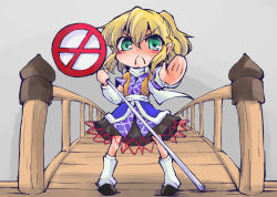 Rule 34 | 1girl, :c, arm warmers, blonde hair, bridge, commentary request, green eyes, leg warmers, looking at viewer, mizuhashi parsee, outstretched arm, outstretched hand, pointy ears, road sign, sash, shinapuu, shirt, sign, skirt, solo, standing, touhou