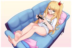 Rule 34 | 1girl, barefoot, blonde hair, couch, efreezerarts, feet, glasses, green eyes, highres, long hair, looking at viewer, lying, nail polish, pillow, smile, soles, solo, toes
