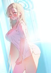 Rule 34 | 1girl, :o, asuna (blue archive), bad id, bad pixiv id, blonde hair, blue archive, blush, breasts, cleavage, halo, highres, indoors, itsk ne, large breasts, long hair, looking at viewer, looking to the side, no pants, shirt, shirt tug, solo, sunlight, sweat, very long hair, white shirt