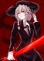 Rule 34 | 1girl, :d, akabane kuroudo, alternate costume, benizuwai, black necktie, bow, braid, business suit, contemporary, cowboy hat, formal, getbackers, gloves, hair bow, hat, highres, izayoi sakuya, necktie, open mouth, red bow, red eyes, scalpel, shirt, short hair, silver hair, smile, solo, suit, sword, touhou, twin braids, weapon, white gloves, white shirt
