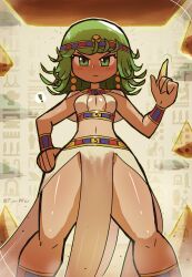 Rule 34 | !, 1girl, absurdres, angry, breasts, cleavage, cowboy shot, dot nose, earrings, egyptian clothes, female focus, green eyes, green hair, hand on own hip, headgear, hieroglyphics, highres, jewelry, legs, looking at viewer, matching hair/eyes, midriff, navel, one-punch man, psychic, shiny skin, short hair, small breasts, solo, spread legs, standing, tatsumaki, thick thighs, thighs, tony welt, wide hips